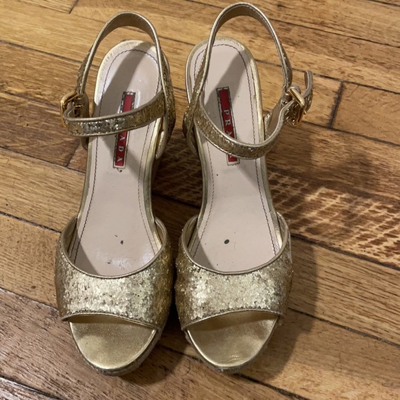 Prada Gold Sequin Wedges Size 37 - Picture 2 of 8